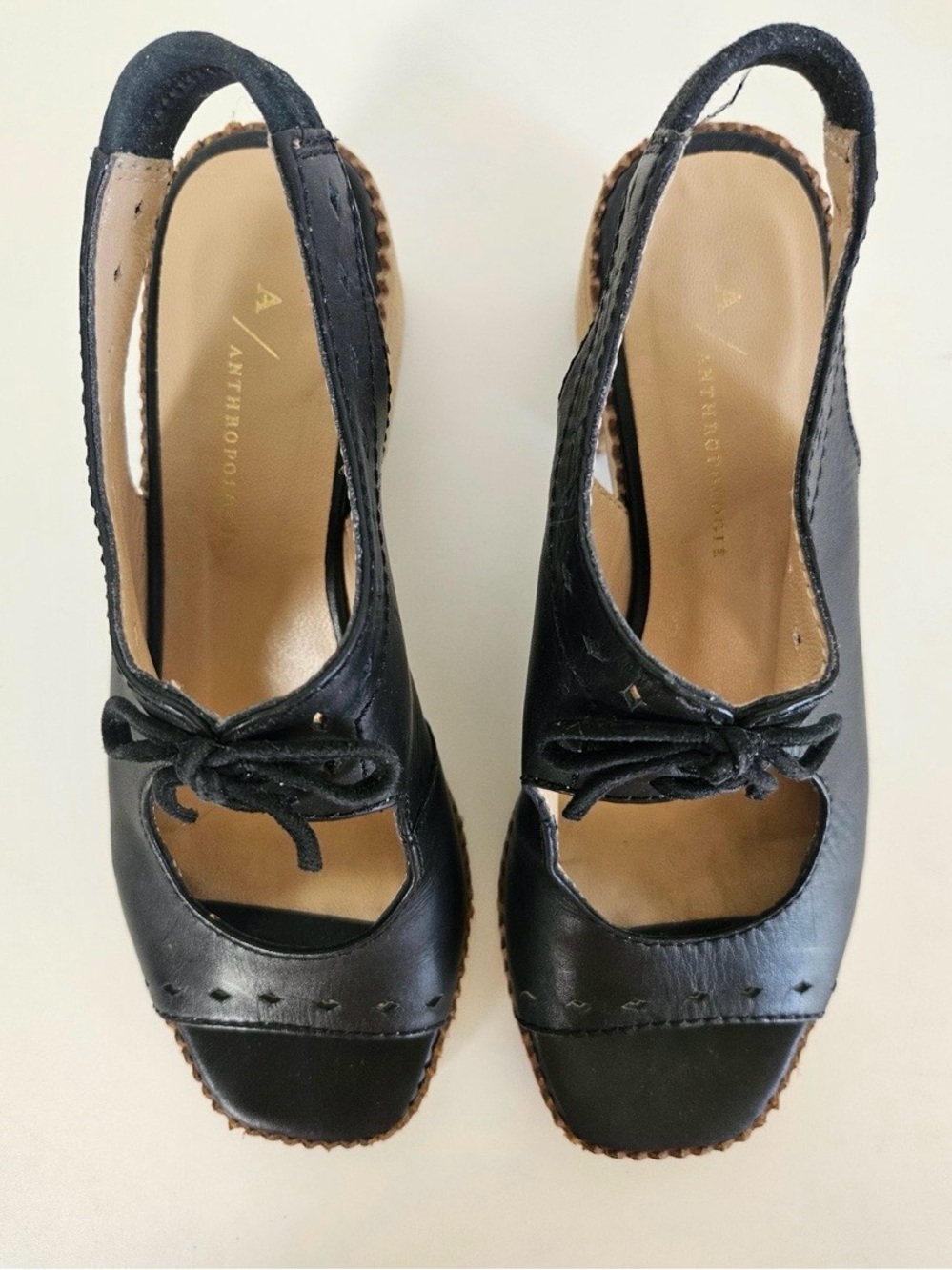 Anthropologie Black Leather Peep-Toe Slingback Wedges with Front Tie